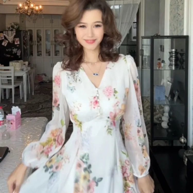 法式经典小碎花长袖连衣裙