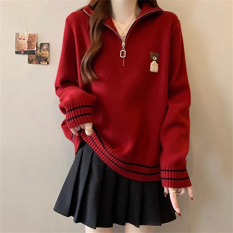 大码胖MM半拉链加厚保暖毛衣女秋季新款学院风宽松内搭打底衫上衣
