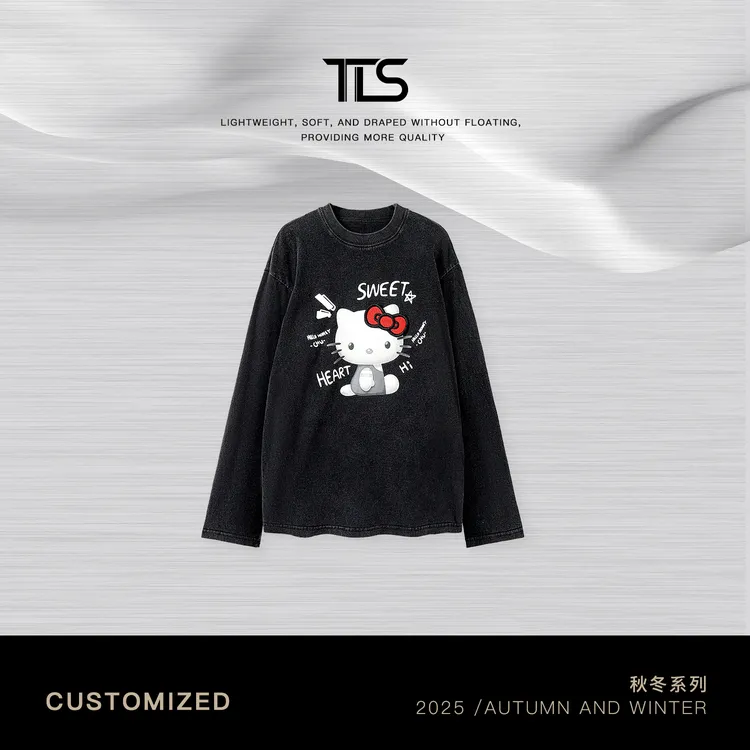 TT【KT猫】100%有机棉立体蝴蝶结魔术贴印花宽松圆领长袖上衣CT5050