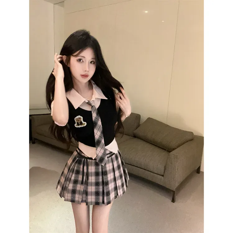 学院风jk制服套装夏季甜辣妹设计感撞色短款假两件上衣高腰半身裙