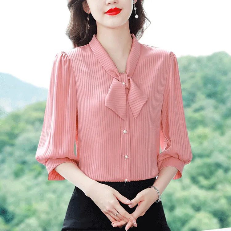 蝴蝶结衬衫女春夏新款条纹上衣时尚外穿遮肚子小衫