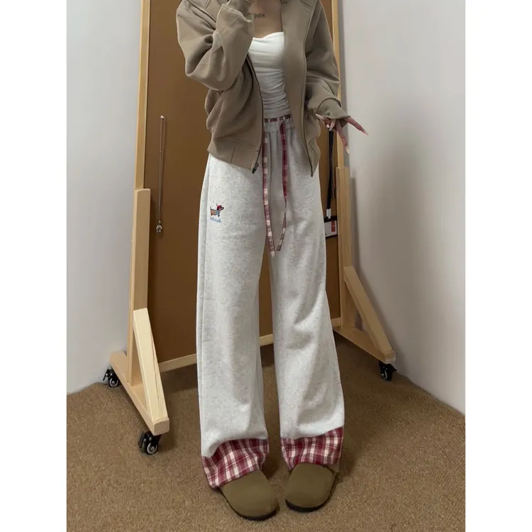 撞色格子拼接裤子男女秋季腊肠狗刺绣阔腿休闲裤美式复古重磅卫裤