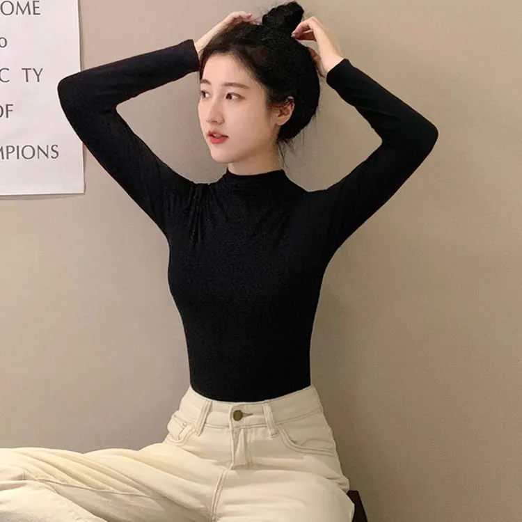 莫代尔黑色半高领打底衫女春秋冬内搭洋气长袖t恤紧身中领上衣薄