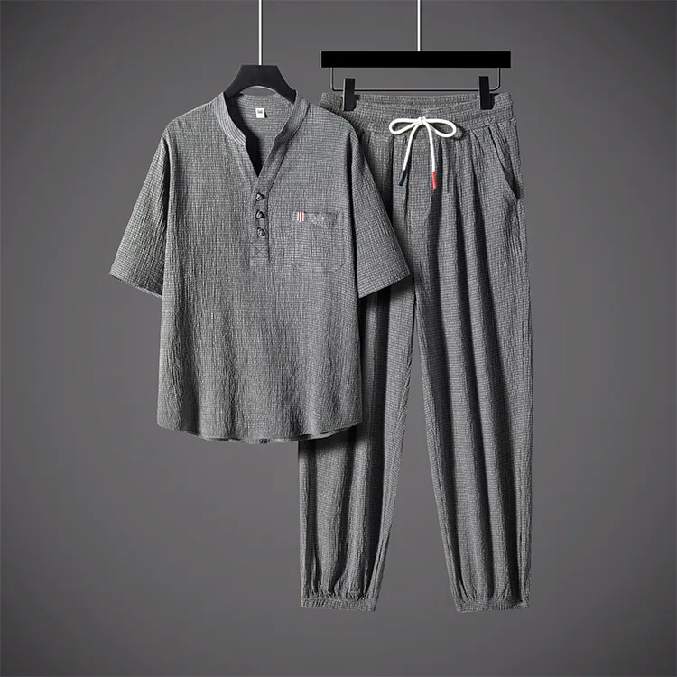 新中式夏季男士衬衫薄款中国风休闲男装汉服唐装茶服短袖冰丝套装