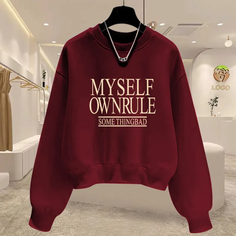 圆领套头短款卫衣女加绒加厚秋冬红色上衣高腰显瘦小个子春秋薄款