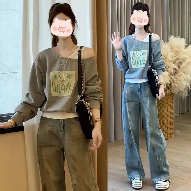 高级感撞色拼接假两件卫衣女2025秋季新款宽松上衣牛仔裤两件套潮