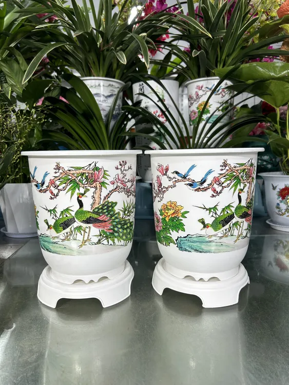 2个装+托高档白色孔雀树脂花盆【口径20高24厘米】