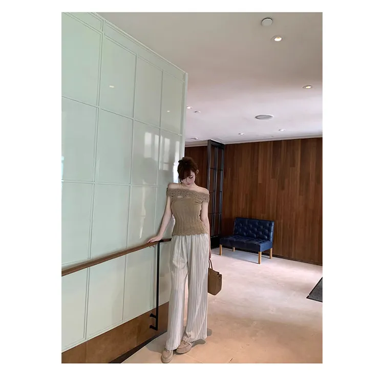 2025春季新款新款修身显瘦设计感露肩针织上衣高腰短裤裙条纹长裤