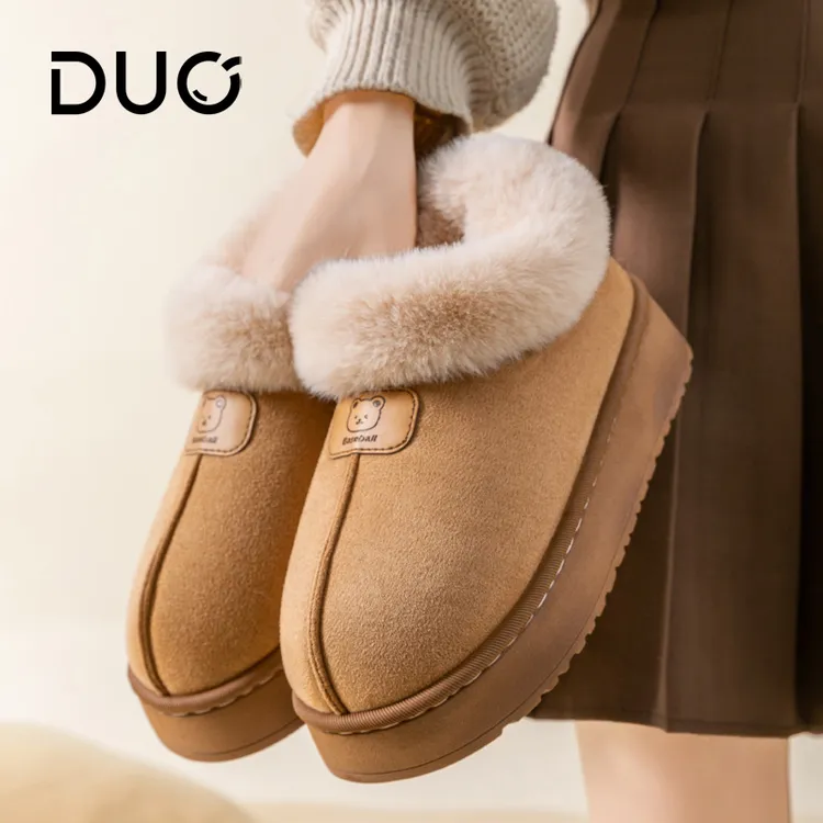 2025年冬季新款小熊毛绒棉拖鞋女款防滑保暖厚底增高室内家居棉拖