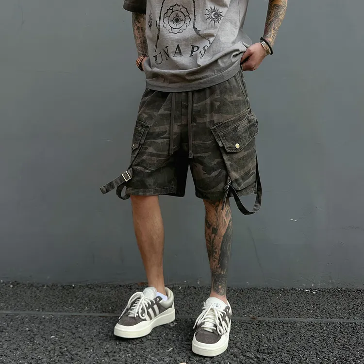 【UNAPS】夏季美式休闲高街松紧腰迷彩工装短裤男女潮流宽松五分裤