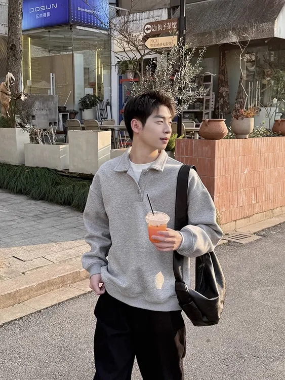 翻领灰色卫衣2025新款秋冬季宽松百搭休闲POLO衫套头上衣简约长袖