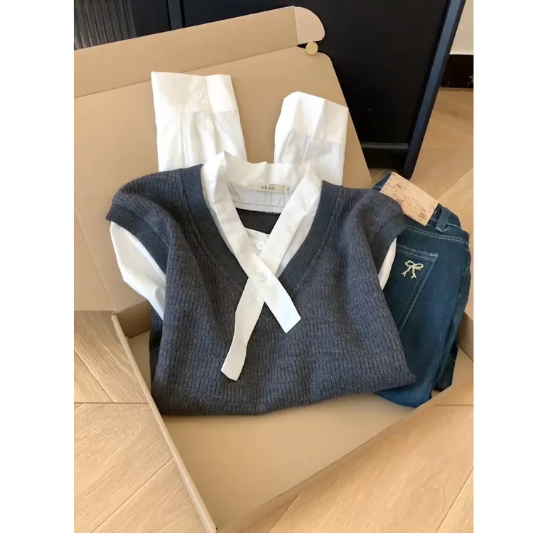 叠穿假两件针织马甲背心拼接衬衫女士2025新款设计感小众气质上衣