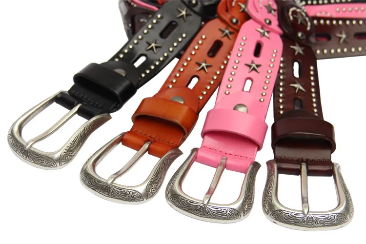 头层牛皮文艺复古真皮腰带五角星铆钉镂空女款皮带装饰裙带粉 