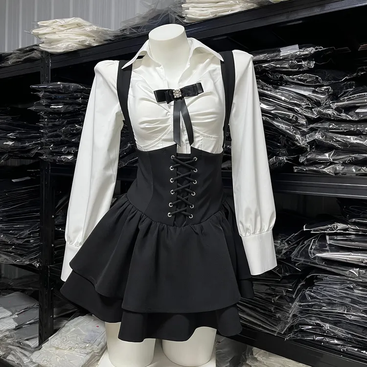 IQCQ轻奢定制学院风白色衬衫背带连衣裙女绑带收腰显瘦半身裙套装