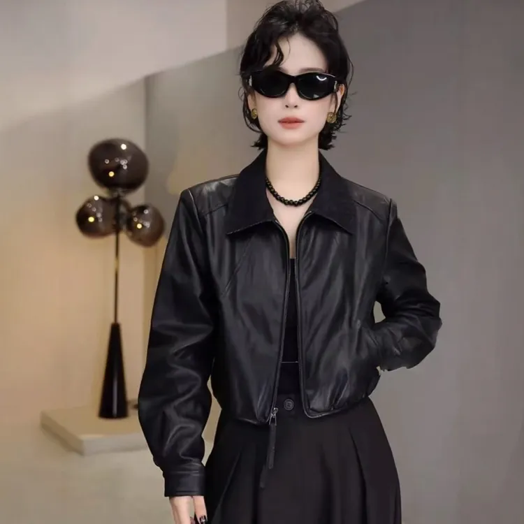 2025秋季新款拉链Polo领撞色皮衣外套女款高级感减龄百搭长袖上衣