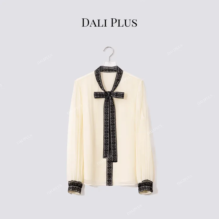 DALI PLUS“重磅真丝衬衫”100桑蚕丝蕾丝撞色飘带上衣-D5XH0073-2
