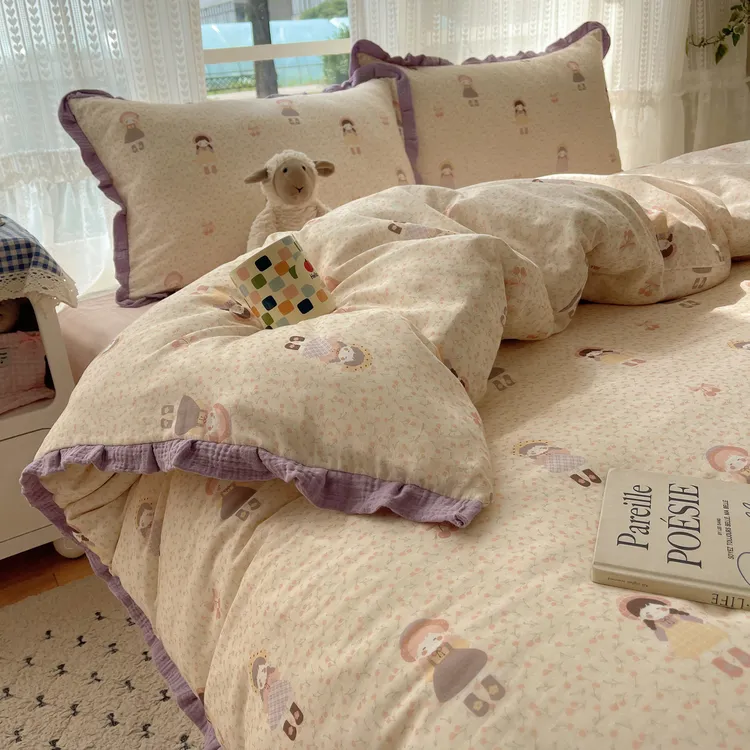 ins格子花边床上用品四件套非纯棉全棉皱皱纱床单被套宿舍三件套4