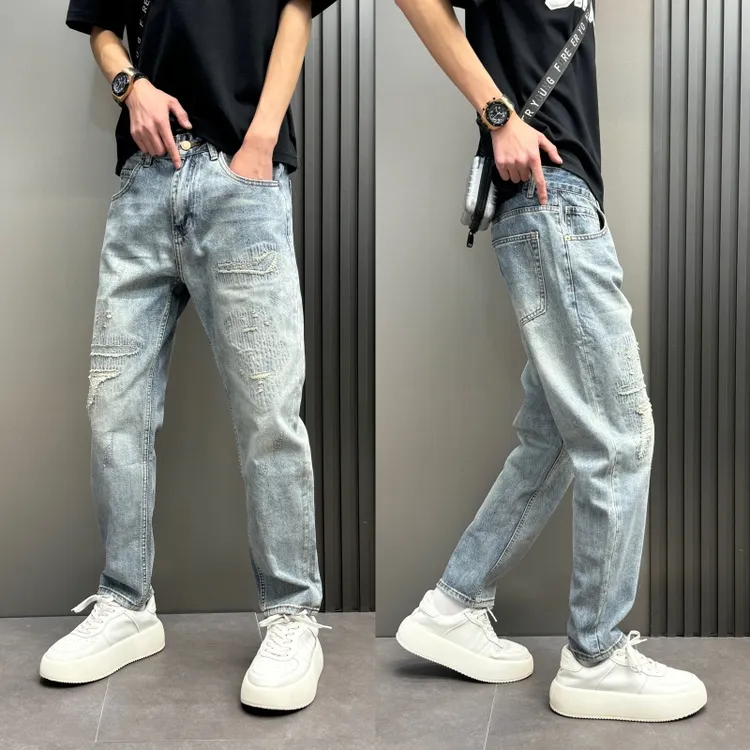 裤子新款男士浅蓝色牛仔裤宽松直筒美式浅蓝色美式男士直筒牛仔裤
