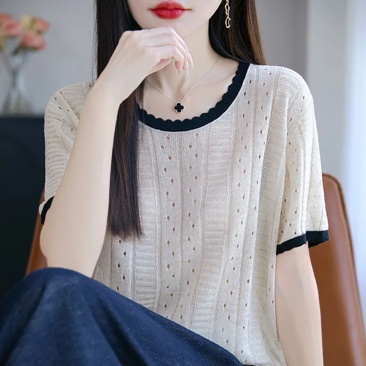 镂空短袖T恤女夏季2025新款打底衫洋气大码女装针织上衣