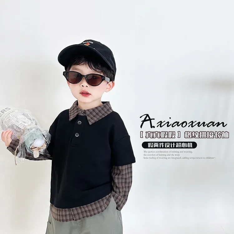 阿小轩童装2025秋季新款【真真假假】儿童宽格子拼接长袖男童卫衣