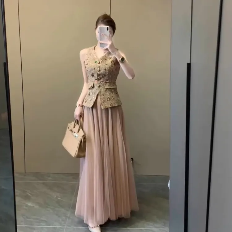 2026千金风重工套装法式小香风修身马甲高腰网纱半身裙气质两件套