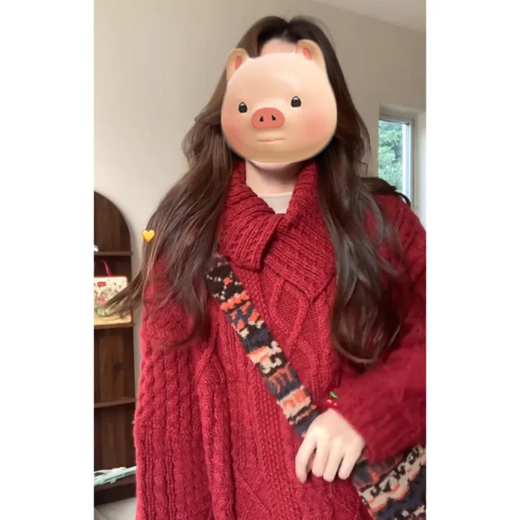 圣诞节穿搭法式翻领红色套头麻花毛衣女秋冬季加厚保暖针织衫上衣