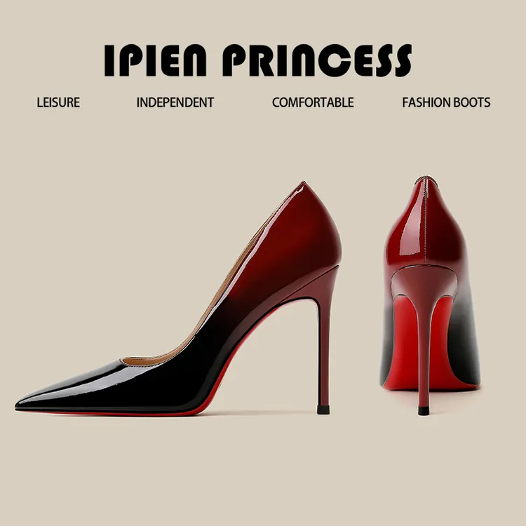 黑红渐变色2025秋季新款气质漆皮高跟鞋女细跟尖头性感红底时尚鞋
