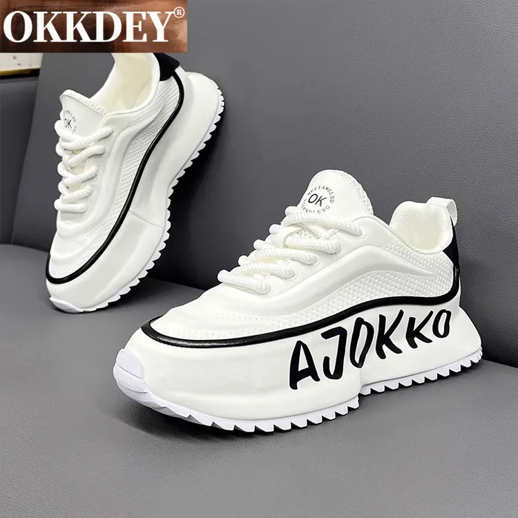 okkdey秋季皮面高级感老爹鞋内增高厚底小白鞋百搭时尚运动休闲鞋