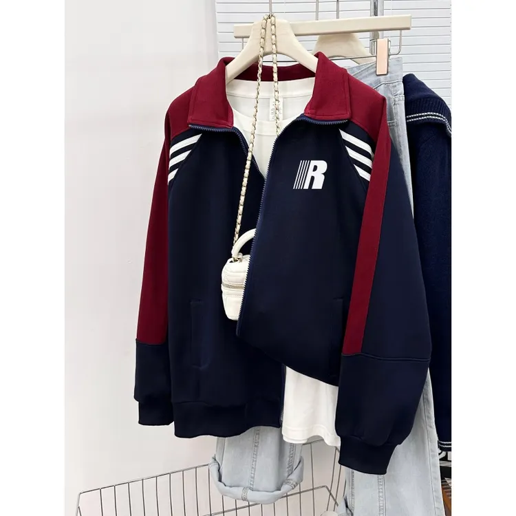 立领撞色三条杠拉链卫衣女秋冬款美式潮牌设计感宽松大码开衫外套