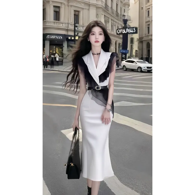 夏季新款别致设计感白色V领收腰系带连衣裙女气质显瘦氛围感长裙