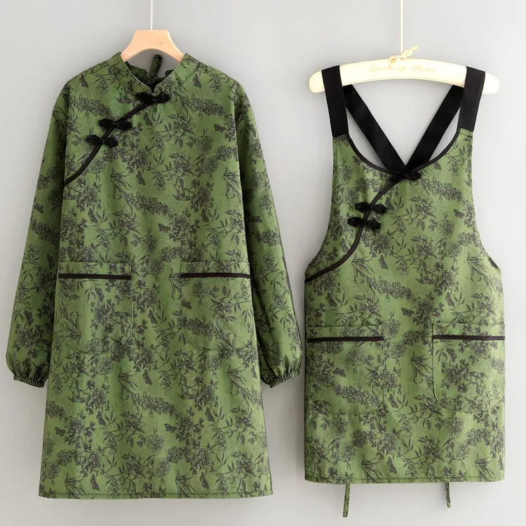 帆布中古风长袖罩衣家用厨房围裙防污耐脏餐饮火锅店专用女工作服