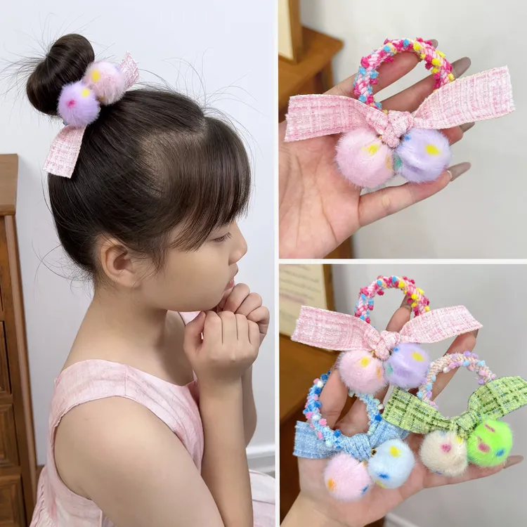 儿童毛球发圈秋冬毛线头绳小女孩马尾加粗发绳高弹力可爱皮筋头饰