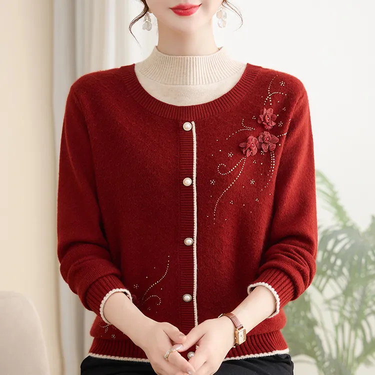 加厚秋冬款中老年女装圆领假两件毛衣针织打底衫时尚显瘦妈妈装