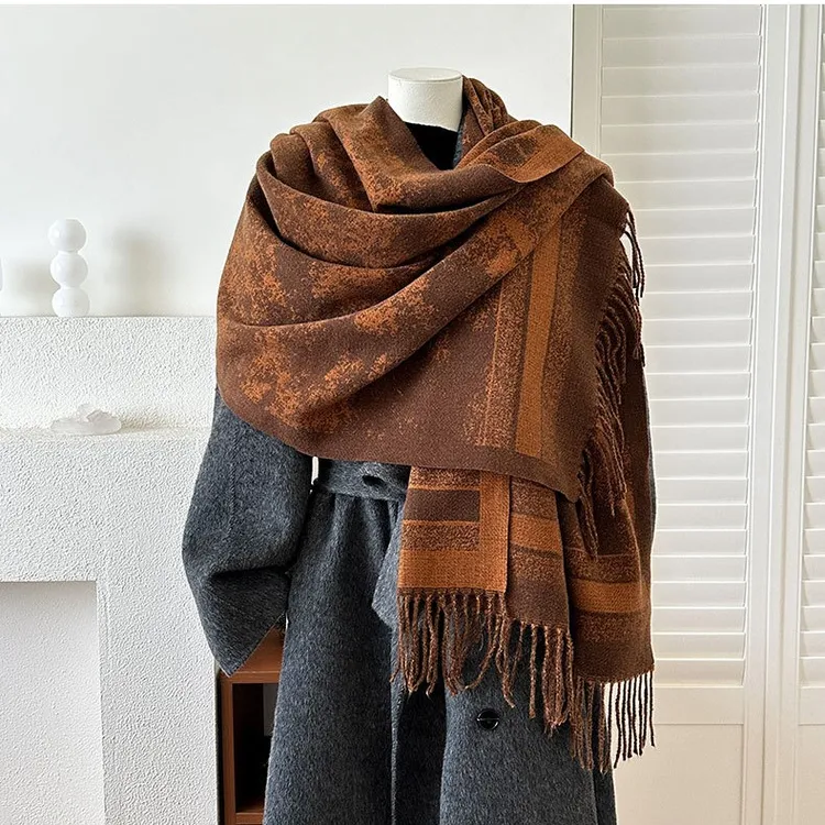 复古民族风双面围巾女士秋冬新款仿羊绒提花森林洋气外搭保暖围脖