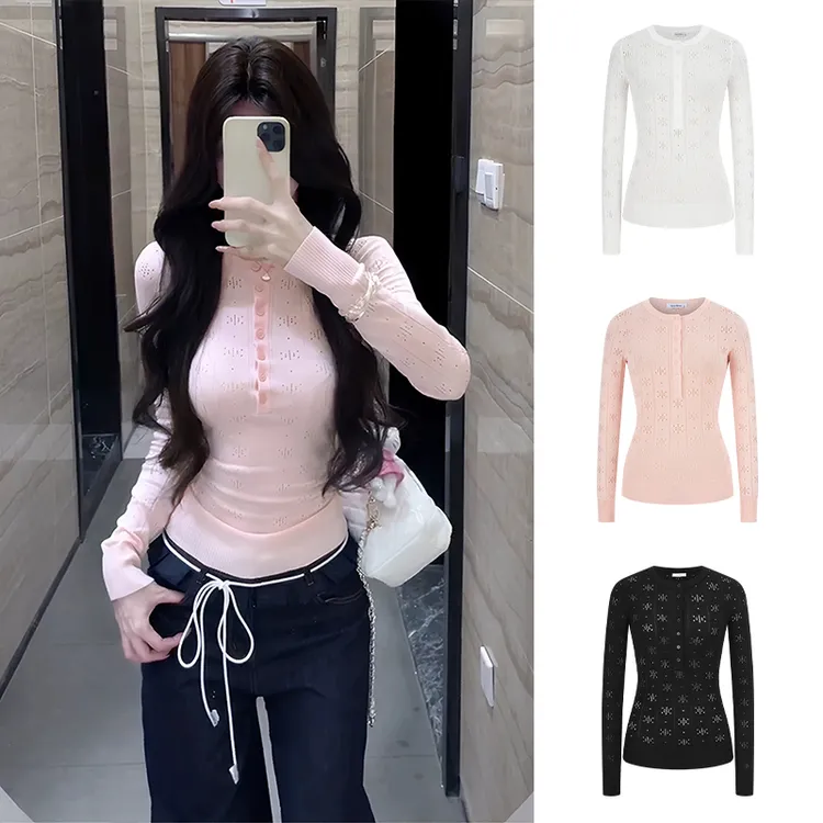 Moses Queen/魔西女王半开领纯色针织镂空薄款长袖女洋气复古上衣