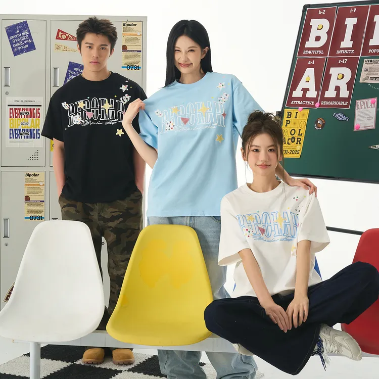 BIPOLAR星星波点镂空断字贴布情侣夏季宽松圆领短袖T恤   11S135