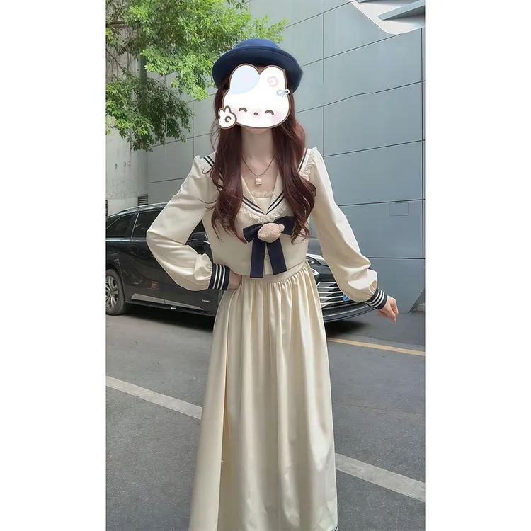 2025秋冬日系软妹可爱设计蝴蝶结外套气质长裙显瘦学院套装女
