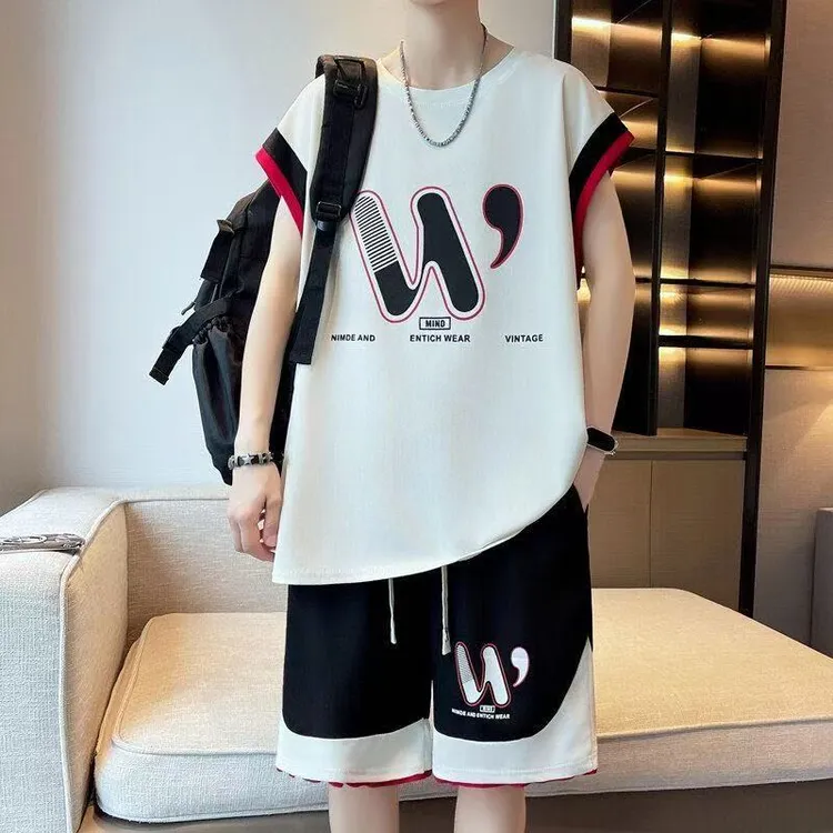 夏季新款男士穿搭无袖运动休闲套装薄款背心学生篮球服帅气衣服潮