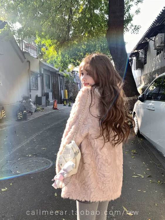 人造皮草 粉嫩小湖羊时尚糯叽叽宽松环保毛毛外套保暖上衣
