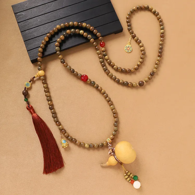 杨幂同款新中式葫芦斜挎链绿檀木串珠长款项链国风手机挂链女背链