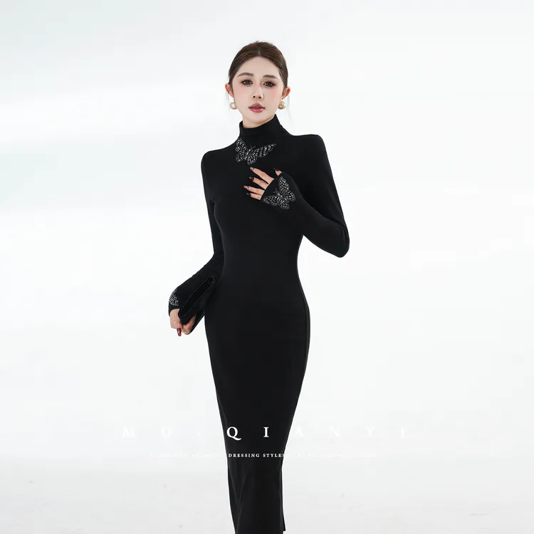 MD定制·杨千亿【穿花化蝶】2025冬季精致修身设计感时尚百搭连衣裙