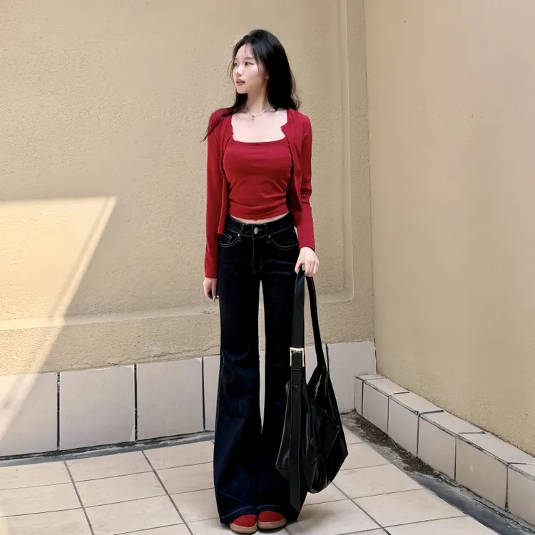 180高个子175加长深蓝原色微喇牛仔裤女修身低腰美式不贴腿喇叭裤