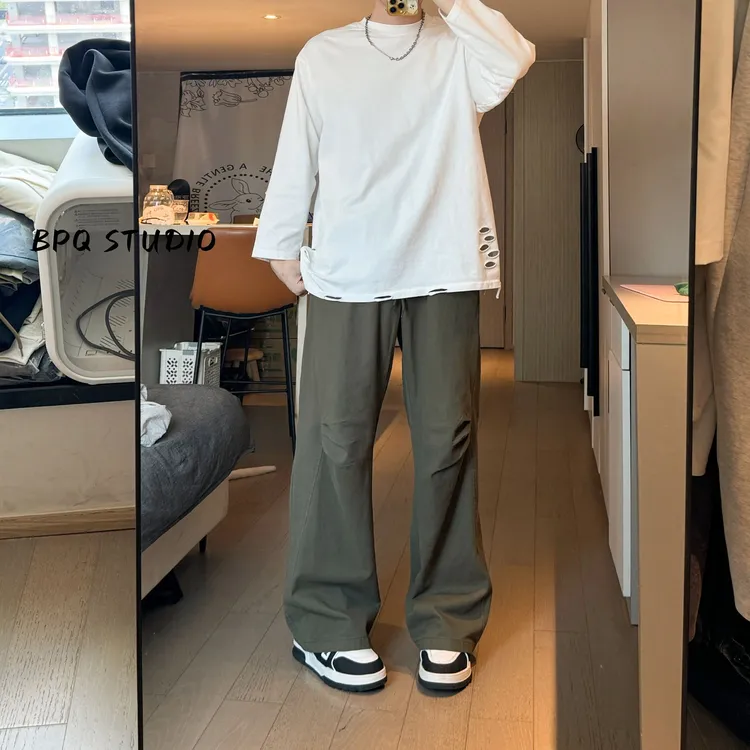 美式高街工装裤男女水洗复古宽松直筒休闲裤潮牌阔腿裤褶皱伞兵裤