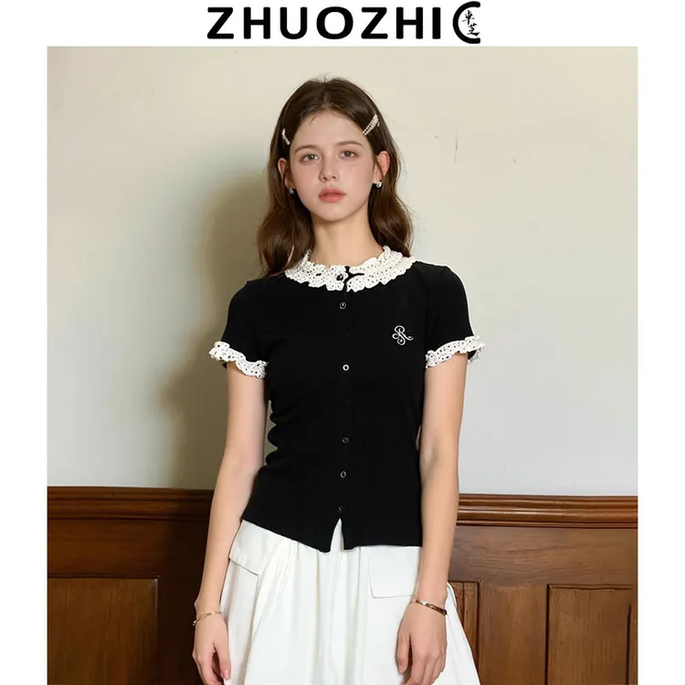 [特价]法式设计感波点花边拼接针织T恤2025夏季新款百搭显瘦上衣