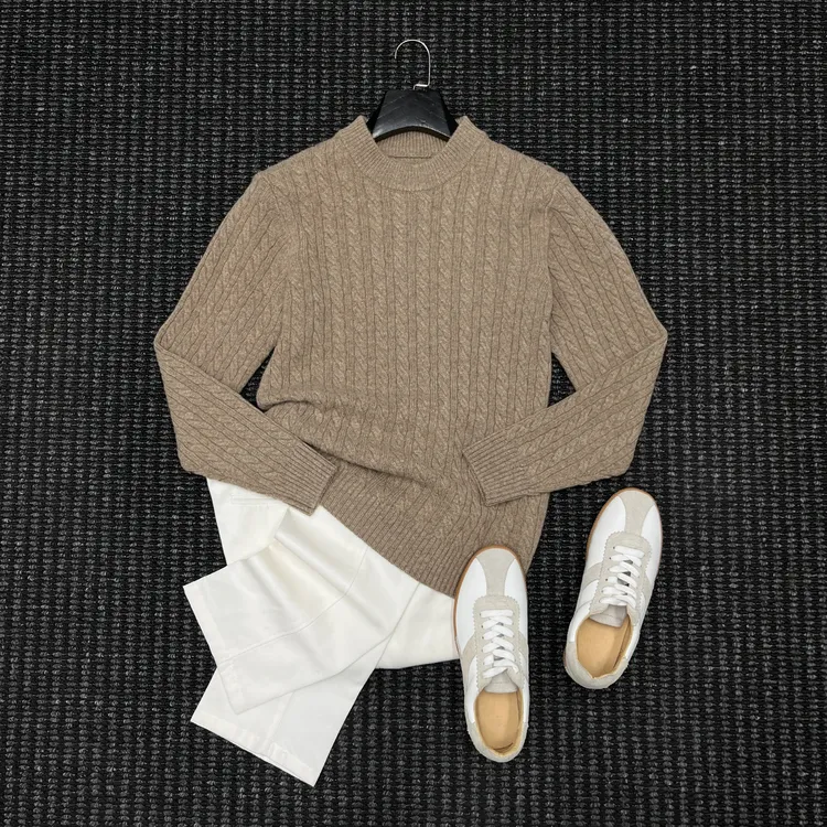 Gracefo秋冬季100%绵羊毛绞花时尚针织衫男士重磅厚款打底毛衣衫