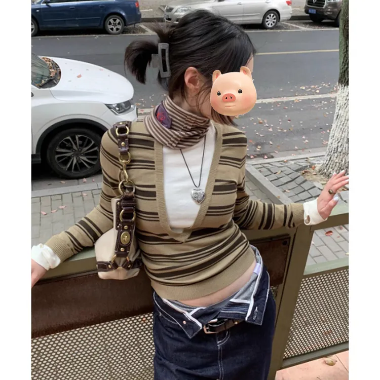 撞色条纹假两件长袖针织衫女2025早秋新款修身内搭毛衣打底衫上衣