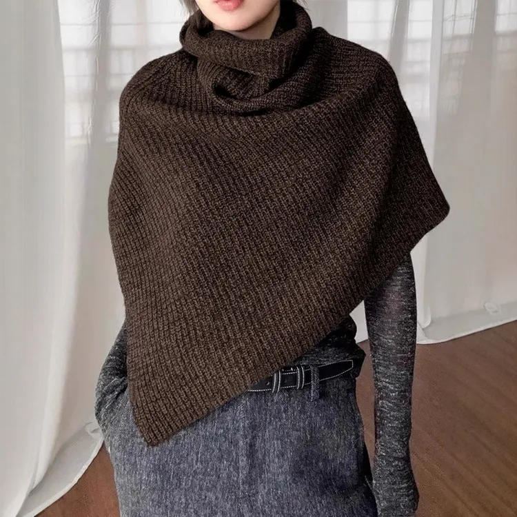 高级感咖色高领针织围巾披肩女秋冬时尚气质叠穿斗篷围脖套头脖套
