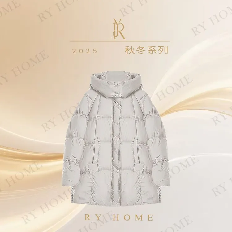 【容雨RYHOME】连帽立领中长款90白鸭绒面包羽绒服254YF1424