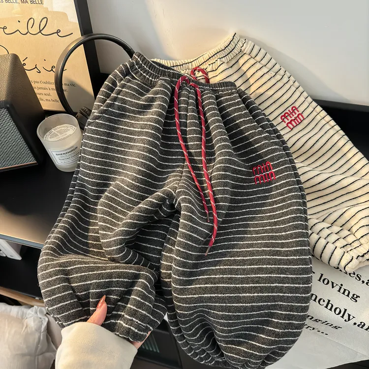 【高品毛巾绒】儿童条纹加绒加厚冬季加厚休闲裤冬季绒加绒卫裤