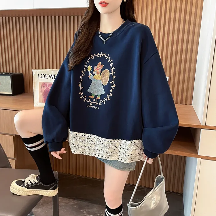 韩系慵懒风蕾丝拼接卫衣女秋季2025新款韩版宽松胖mm显瘦无帽上衣